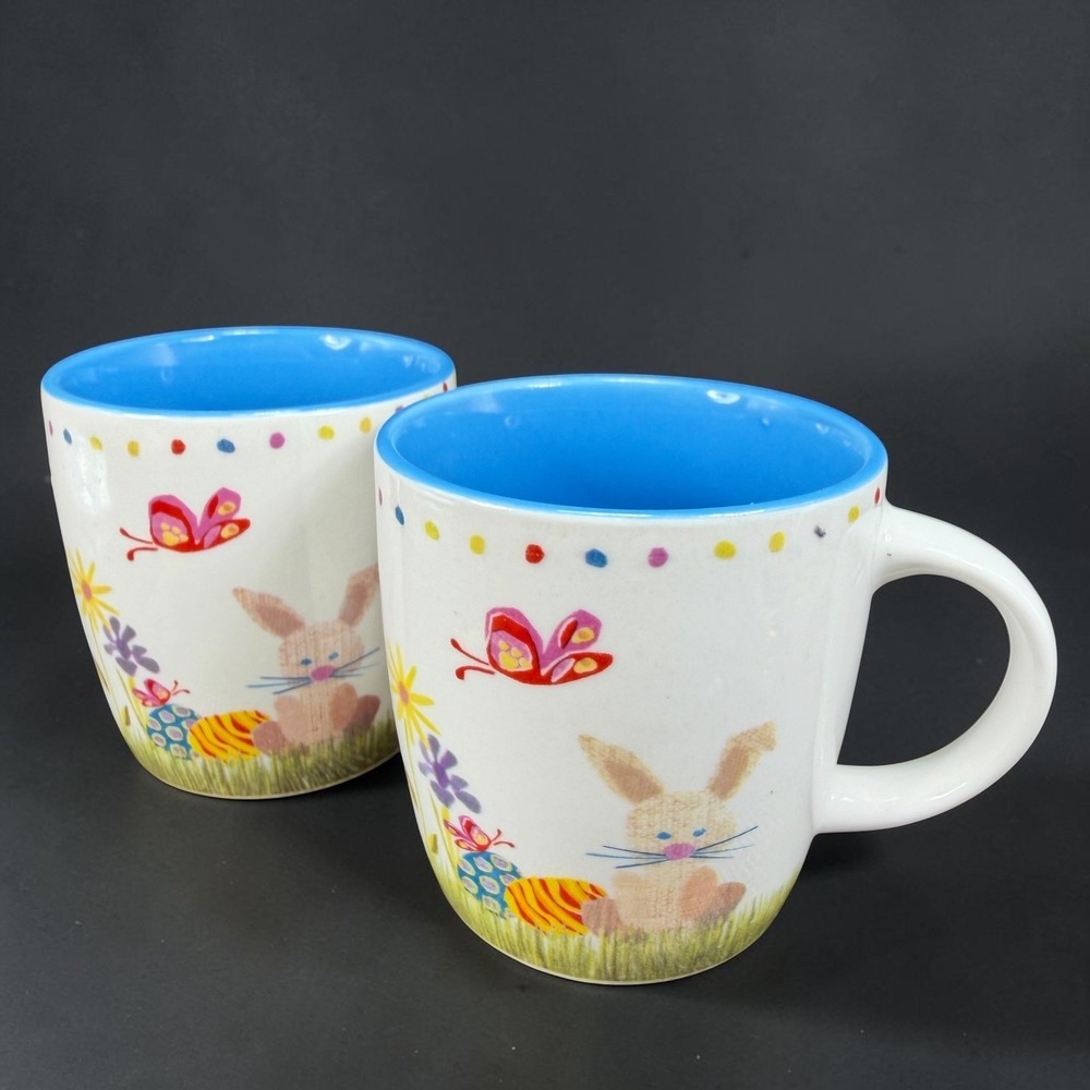 Starbucks 2007 Easter Bunny Egg Butterfly Coffee Mugs Set of‎ 2 Blue White 6oz
